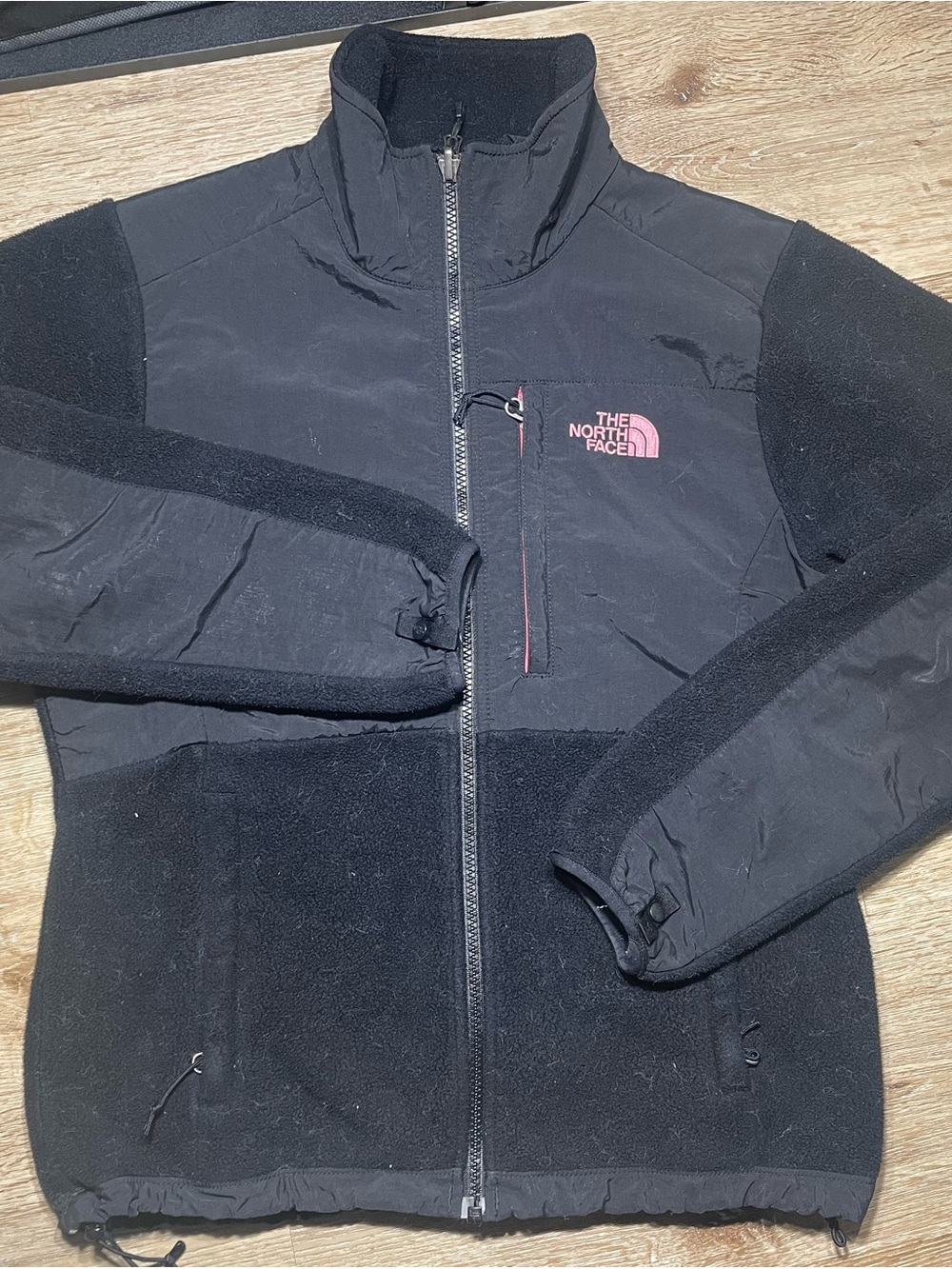 The North Face Black Fleece Jacket with Red Trim and Embroidery